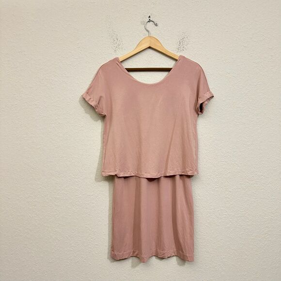 CUYANA Layered Shift Dress Dusty Rose Short Sleeve Knit Cotton Stretch - Picture 1 of 11